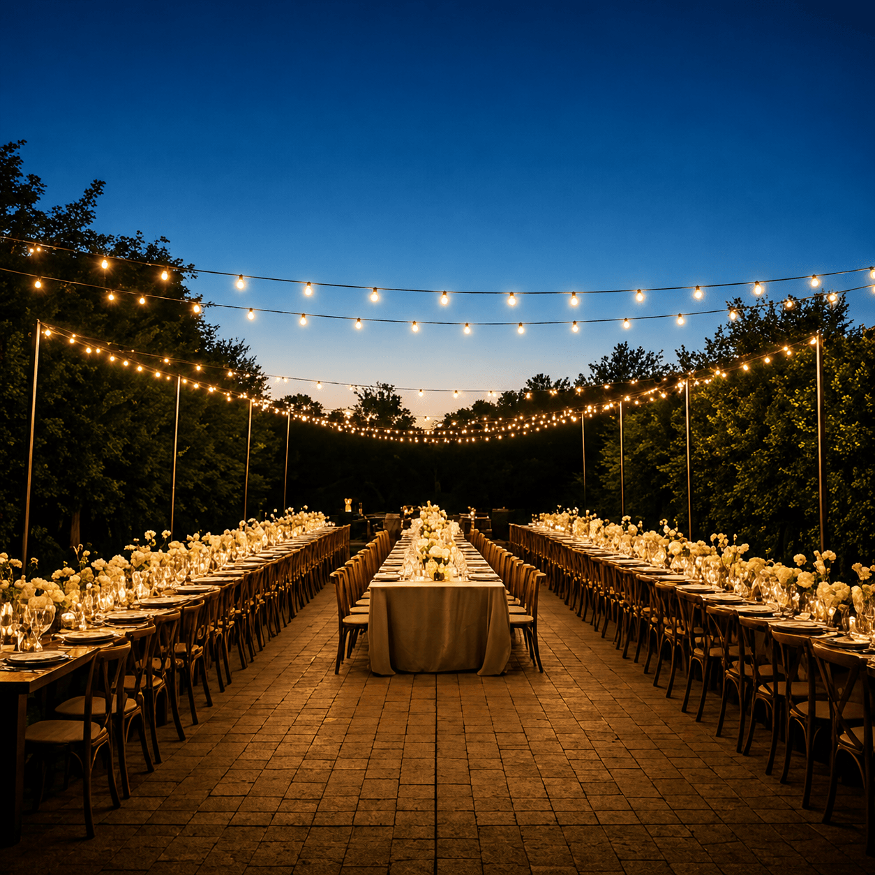 Celebração elegante ao entardecer com mesas iluminadas, flores e convidados reunidos